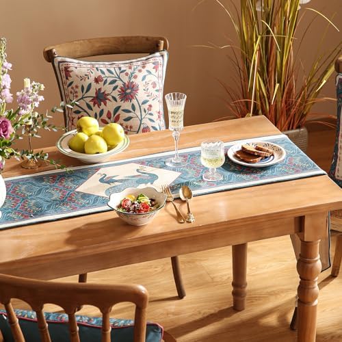 bilingaier Vintage Blue Peacock Small Table Runner for Table,Decorative Linen 102 Inches Long Table Runners,Decor Tabletop for Kitchen,Dining,Tea Party,Home,Christmas,12"x102" - Image 3