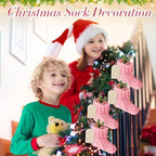 Suhine 36 Set Mini Christmas Knitted Stockings 6'' Neutral Christmas Stocking Rustic Modern Farmhouse Xmas Tree Decor with Wooden DIY Tags Gifts Bulk for Holiday Mantel Party Favor(Pink) - Image 5