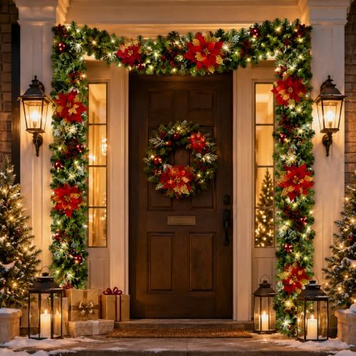 9FT Christmas Garland with Lights, Prelit Garland with Red Berry Clusters&Balls&Flowers&Pine Needles,for Stairs Railing Fireplace Mantle Front Door Home Holiday Decor Ornaments - Image 4