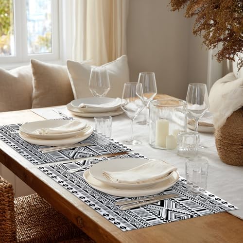 Shrahala White Boho Triangle Set of 8 12 X 18 Inch Linen Placemats, Black Geometric Bohemian Burlap Table Mat Washable Double Layered Heat Insulation for Indoor/Outdoor - Image 4