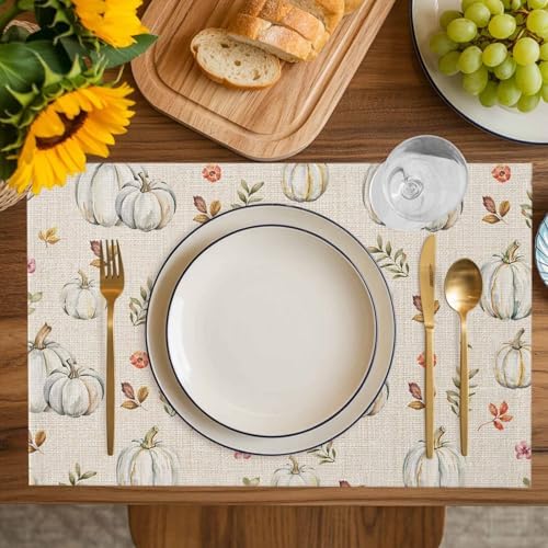 Thanksgiving Placemats Set of 6, Grey Pumpkin Leaves Fall Harvest Burlap Placemats for Dining Table Place Mats for Kitchen Table Waterproof Table Mats, Wipeable Dining Table Set - Image 7