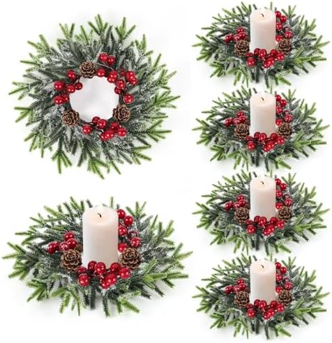 6 Pcs Christmas Candle Rings Wreath Mini Christmas Table Centerpieces Red Berry Pinecones Wreaths for Front Door Kitchen Cabinet Holiday Party Farmhouse Porch Wall Outdoor Indoor Home Decoration by Unknown