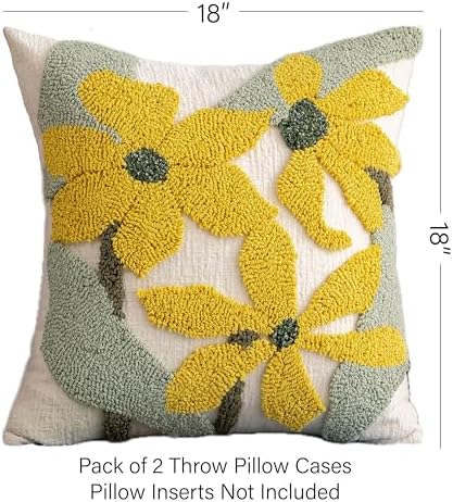 Summer Floral Throw Pillow Covers 18x18 Inch Set of 2, Chenille Embroidered Pillowcase with 3D Tufted Yellow Flowers Sage Green Leaves, Boho Decorative Cushion Covers for Couch Sofa Bed - Image 2