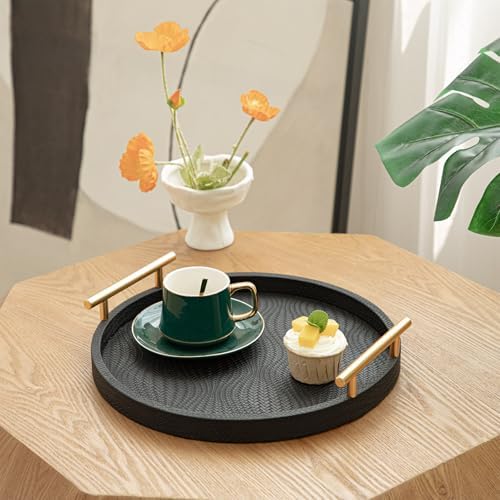2 Piece Black Round Serving Tray with Handles, Woven-Texture Faux Leather Ottoman Tray for Living Room, Decorative Tray for Coffee Table Home Decor - Image 2