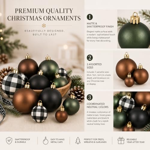 Lunmon 64 Pcs Neutral Christmas Ball Ornaments Bulk Matt Glitter Check Brown Green Black Xmas Bulbs Ornaments 1.6/1.97/2.4 Inch Modern Christmas Decorations for Tree Holiday Indoor Wreath Home Decor - Image 4