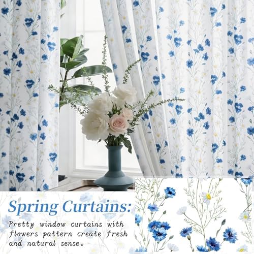 youleyar Floral Curtains 84 Inches Long for Living Room 2 Panels Printed Pattern Curtain Rod Pocket Spring Summer Watercolor Blue and White Floral Window Drapes for Girls Bedroom, 52" W x 84" L - Image 4