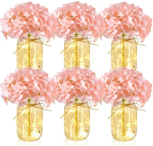 6 Sets Hydrangea Mason Jar Centerpiece with LED Lights for Wedding by Tianxunewtig