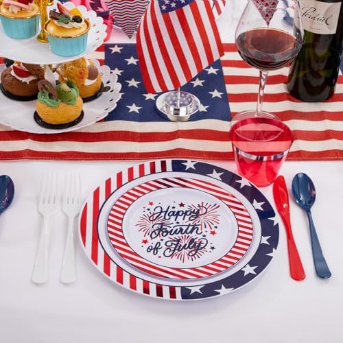 LIYH 180 Pcs 4th of July Plastic Plates Red White Blue, Plastic Silverware Patriotic Party Memorial Day Plate for Independence Day 4th of July Decorations 30 Guests - Image 4