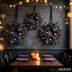 6 Pcs Small Halloween Hanging Wreaths with Black Foliage Purple Berries Orange Mini Pumpkins Purple Flowers Decor Balls Black Sheer Ribbon Gothic Mini Cabinet Wreath for Halloween Party Decor - Image 2