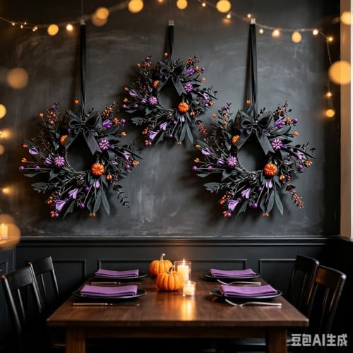 6 Pcs Small Halloween Hanging Wreaths with Black Foliage Purple Berries Orange Mini Pumpkins Purple Flowers Decor Balls Black Sheer Ribbon Gothic Mini Cabinet Wreath for Halloween Party Decor - Image 2
