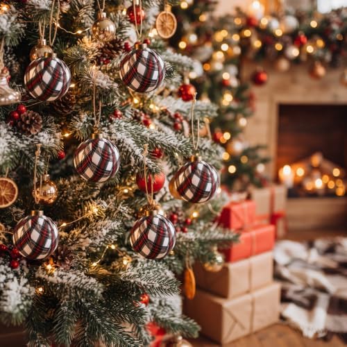 Hollowfly 24 Pcs 2.36 Inch Christmas Tartan Plaid Ball Ornaments Vintage Large Buffalo Plaid Balls Christmas Tree Hanging Ornament Rustic Ball Pendant Hanging Decor for Xmas Tree Party(Beige) - Image 4