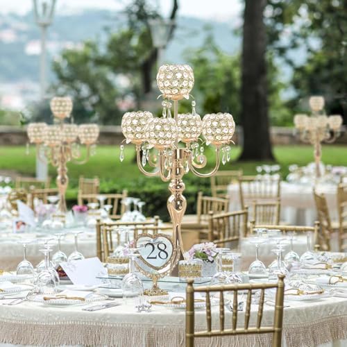 Set of 4 Candlesticks 5 Arm Crystal Strap Pendant Gold Table Decor Candelabra, 22.5 inches Elegant Dining Room Centerpieces for Holiday Parties Weddings (4, Gold) - Image 3