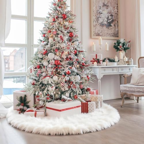 iMucci 60Inch Large Wool Fur Christmas Tree Skirt Extra Large Tree Skirt Plush White Christmas Tree Skirt for New Year Holiday Xmas Home Party Decor - Image 2