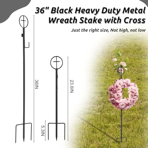 2 Pcs Black Wreath Stake,36" Cemetery Wreath Stand with Cross,Adjust Height - Image 2