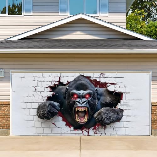 16x7ft Breaking Wall Gorilla Garage Door Banner- Smashing Brick Wall Backdrop, Large Hanging 2 cars Garage Decorations - for Halloween & Birthday Party Funny Novelty Background Sign, Man Cave Decor by THISFIND