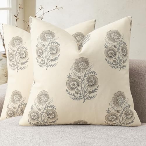 Vintage Floral Print Euro Sham Pillow Covers 24x24 Set of 2 Patterned Accent Decorative Cushion Covers Modern Farmhouse Throw Pillow Covers for Bed Sofa Couch Chair Living Room Home Decor, Light Taupe by PillowCoversExpert