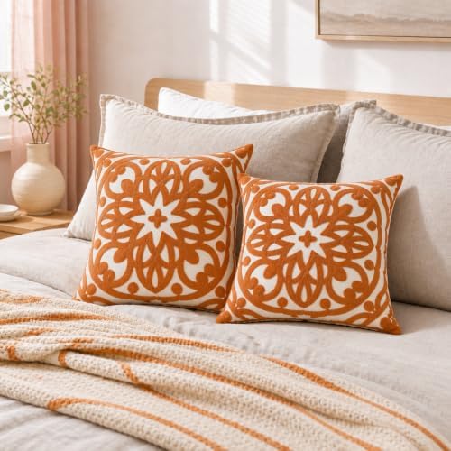 Alysheer Boho Embroidered Throw Pillow Cover 18"x18" Set of 2, Burnt Orange - Image 2