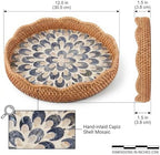 12 Inch Round Rattan Tray Mother of Pearl Inlay, Feather Style - Image 2