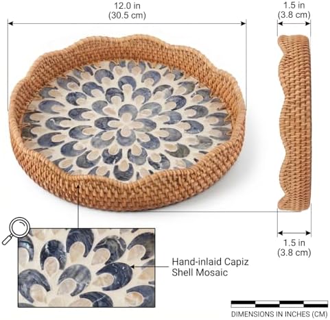 12 Inch Round Rattan Tray Mother of Pearl Inlay, Feather Style - Image 2