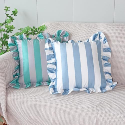 vctops Ruffle Square Throw Pillow Covers Boho Pink and Red Striped Decorative Pillowcases Set of 2, Soft Velvet Accent Cushion Cover Cases for Sofa Bed Living Room Decor (Green Grey,18"x18") - Image 4