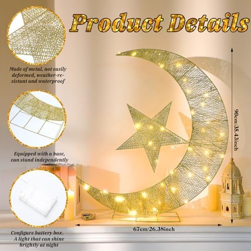 Glooglitter Pre-lit Eid Mubarak Decorations for Home Metal Eid Star Moon Crescent Light Ramadan Decorations Outdoor Lighted Night Lamp Sign with LED String for Yard Lawn Pathway - Image 2