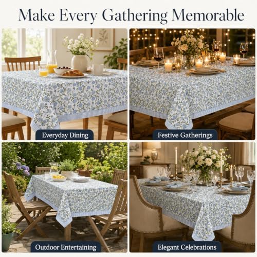 Floral Rectangle Table cloth | 100% Cotton Hand Block Printed Thanksgiving Spring Table Cover| Dust Proof Wrinkle Resistant, for Dining , Kitchen, Festive, Parties, Weddings (Blue White, 72x120 inch) - Image 3