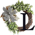 Monogram Initial Letter Wreaths for Front Door with Striped Linen Bow & Fake Green Grass on Grapevine Base Farmhouse Style Rustic Door Decor Spring Summer Green Wreath, L by VIVIANYO+HD