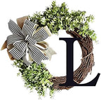 Monogram Initial Letter Wreaths for Front Door with Striped Linen Bow & Fake Green Grass on Grapevine Base Farmhouse Style Rustic Door Decor Spring Summer Green Wreath, L by VIVIANYO+HD
