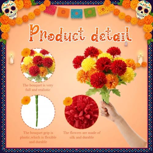 Tigeen 6 Pcs Day of the Dead Marigold Flowers, Colorful - Image 3
