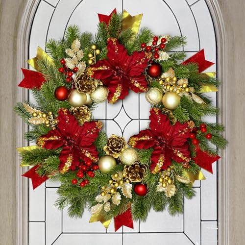 24" Christmas Wreaths for Front Door with Lights & Poinsettia Flowers by ICXSeasonalFlowersGardenDecor