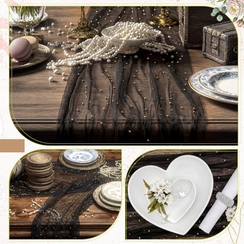 Black 10 Pcs Pearl Gauze Table Runner 120 Inch 10ft Pearl Sheer Tulle Table Cloth Centerpieces for Home Wedding Birthday Bridal Baby Shower Party Favor Holiday Dining Decorations - Image 4