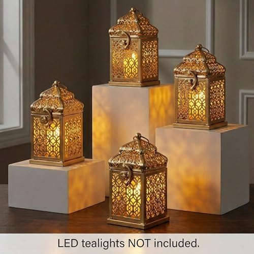 VELA LANTERNS Mini Golden Tower Temple Moroccan Lantern Lamp Decorative Candle Holders for Ramadan Decorations, Hanging, Outdoor Patio or Porch, Indoor Home Decor, Gold, Set of 4 - Image 2