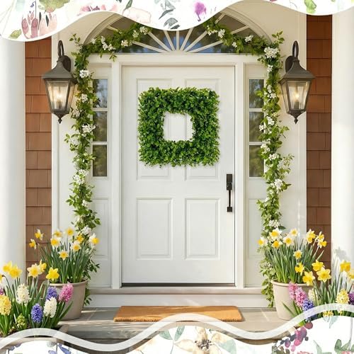 Square Wreaths for Front Door Decor Artificial Flower, 20" Boxwood - Image 3