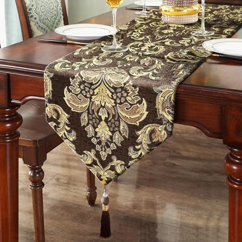 Dark Brown Table Runners 120" Thick Chenille with Europe Floral Pattern by HeMiaor
