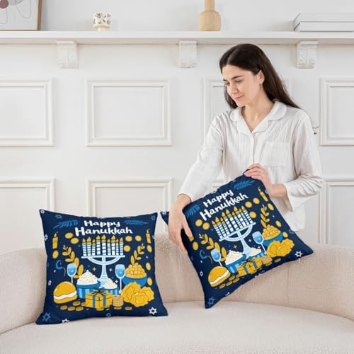Erosebridal Happy Hanukkah Throw Pillow Covers 24X24 Set of 2 for Couch Bed Sofa Decor, Candlestick Stars Pillow Covers, Chanukah Party Decorative Cushion Cases - Image 3
