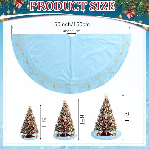 60inch Extra Large Christmas Tree Skirt Blue Luxury Velvet Plush Fur Skirts with Gold Embroidery Xmas Velvet Tree Skirt Holly Leaves Gold Embroidered Trees Skirts for Christmas Holiday Party Decor - Image 2