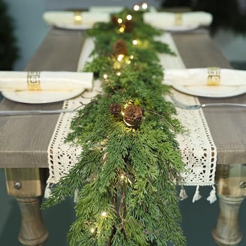 6ft Realistic Christmas Garland with LED Lights Artificial Cedar Cypress Garland with Pine Cones Garland for Home Fireplace Wall Indoor Outdoor Holiday Party Decoration-8 Lighting Modes - Image 3