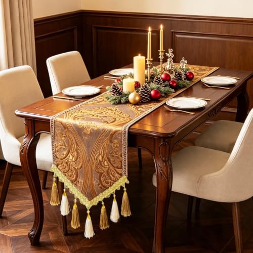 Luxury Damask Vintage Table Runner 72 Inches Long Brown Gold Tassels - Image 5