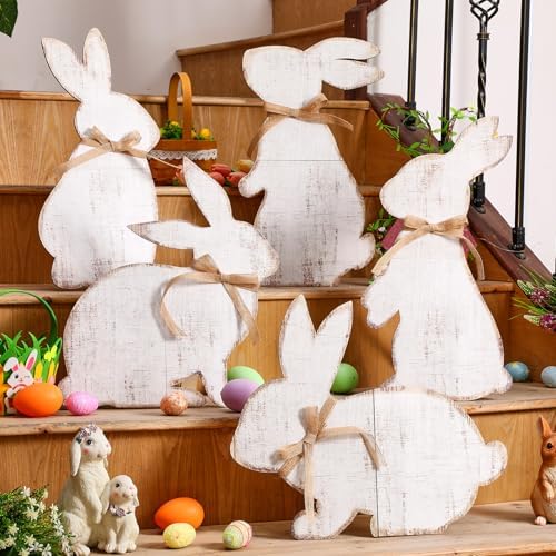 Yuntau 5 Pcs Easter Welcome Porch Sign Large Wooden Bunny Standing Porch Sign Easter Bunny Outdoor Decor with Ribbon for Front Door Indoor Outdoor Yard Garden Decor - Image 4