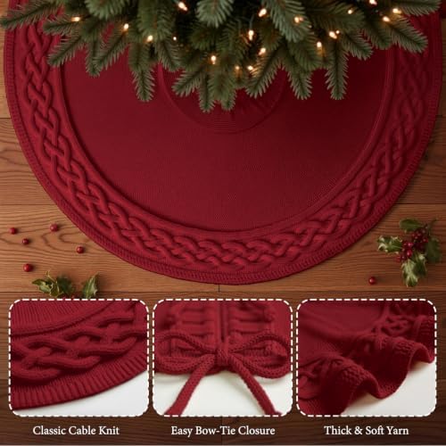 VOXOR 48 Inch Christmas Tree Skirt, Large Chunky Knitted Tree Skirt with Bow Tie Closure, Burgundy Vintage Tree Skirts for 7 & 7.5 & 8 Feet Trees, Farmhouse Christmas Decorations for Home Living Room - Image 5