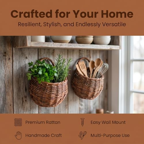 PRETYZOOM 2 pcs Woven Rattan Wall Mounted Flower Basket Hanging Flower Basket for Wall Decor Decorative for Artificial Flowers 9.84 X 7.87 X 3.93 in Home Office Hotel Restaurant - Image 5