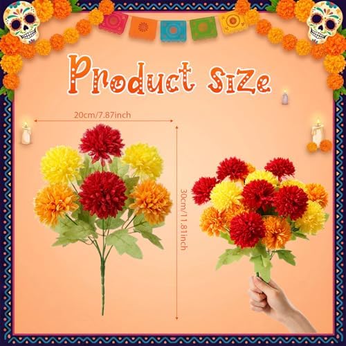 Tigeen 6 Pcs Day of the Dead Marigold Flowers, Colorful - Image 2