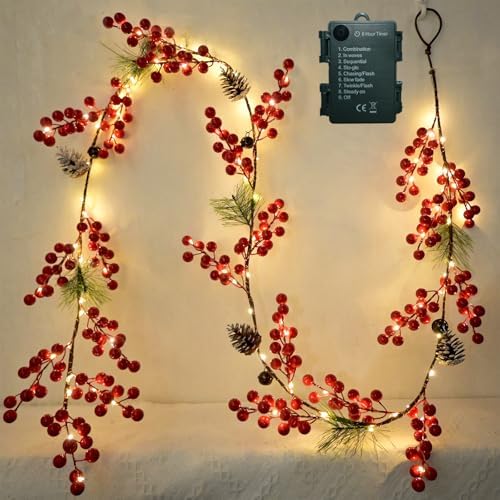 6.56FT Christmas Garland Decorations Red Berry Garlands with Lights 96 Fairy LED Lights Lighted Pine Garland for Mantle Fireplace Table Stairs Railing Xmas Tree Indoor Outdoor Winter Holiday Decor by HamiFinee