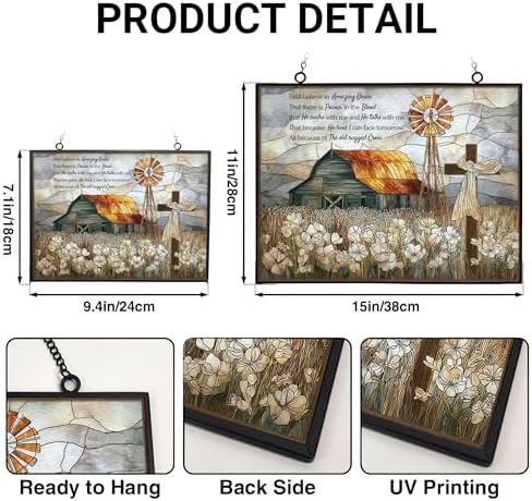 Rectangle Vintage Christian Grace Barn Cross Stained Glass Suncatcher Stained Glass Window Hangings Birthday Gift for Mom Grandma Teacher Women Friend Memorial Hook - Image 3