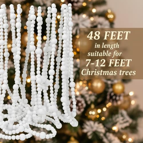 48Ft Christmas Wood Bead Garland Rustic Holiday Decor for Tree (White) - Image 3