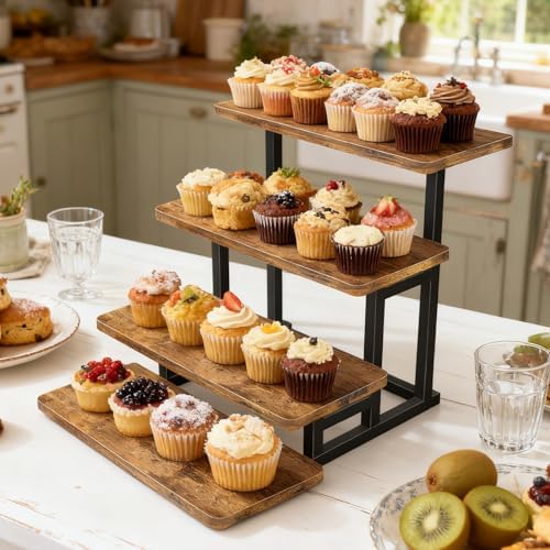 Lilybud--lily Cupcake Stand for 50 Cupcakes, 4 Tier Wooden Risers Display Stands Stepped Dessert Table Display Set with Metal Frame Tiered Tray Stand Serving Trays for Party Farmers Market Display - Image 3