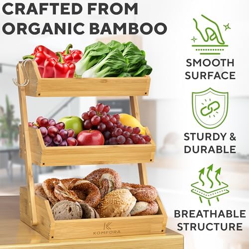 KOMFORA Bamboo 3 Tier Fruit Basket, Produce Basket for Kitchen Counter - Image 6