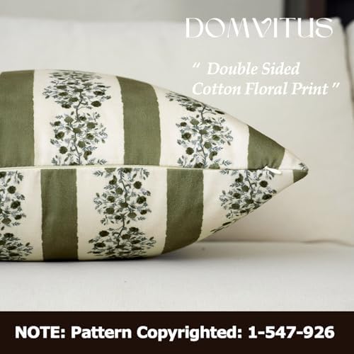 DOMVITUS Floral Throw Pillow Covers 24x24 Inch Set of 2, Block Print Decorative Pillow Covers Vintage Striped Neutral Farmhouse Boho Home Decor for Couch Sofa Bed Living Room, Green - Image 2