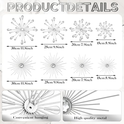 Blulu 8 Pcs Silver Metal Starburst Wall Art, 3D Crystal Teardrop Rhinestone Wall Sculptures, Modern Mid Century Hanging Accents Decor for Living Room Bedroom Entryway Office Home Decoration - Image 3