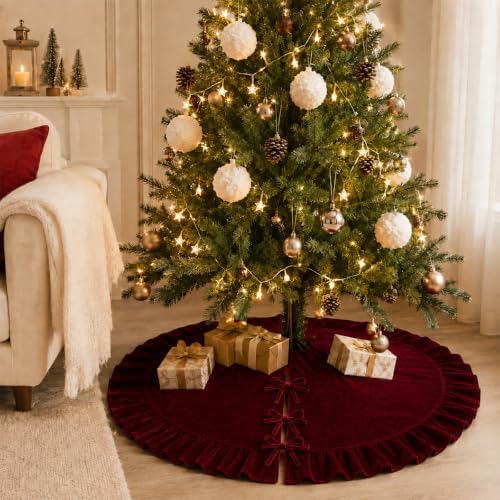WineRed Velvet Christmas Tree Skirt with Ruffled Edge,60" - Image 2